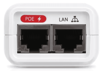 Two RJ45 Ethernet ports on top — one PoE labeled red, one LAN