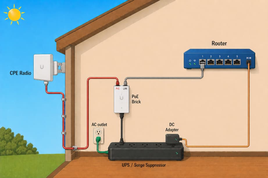 Setup A — house cross-section showing CPE radio on the exterior wall, an Ethernet cable through the wall to a PoE injector brick plugged into a UPS/Surge Suppressor, LAN cable from the brick to the router, and a DC adapter feeding the router from the same side as its Ethernet ports.
