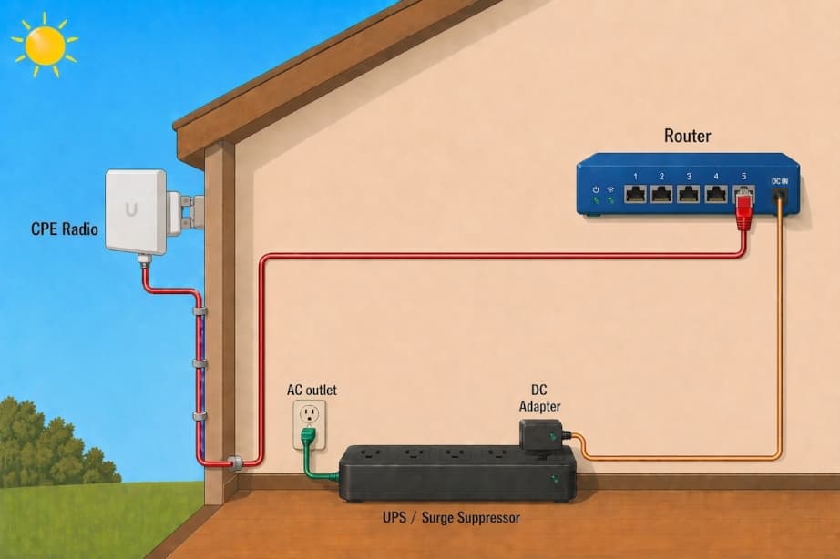 Setup B — house cross-section showing CPE radio on the exterior wall, an Ethernet cable through the wall directly to router port 5 (PoE-out), router powered by a DC adapter plugged into a UPS/Surge Suppressor.